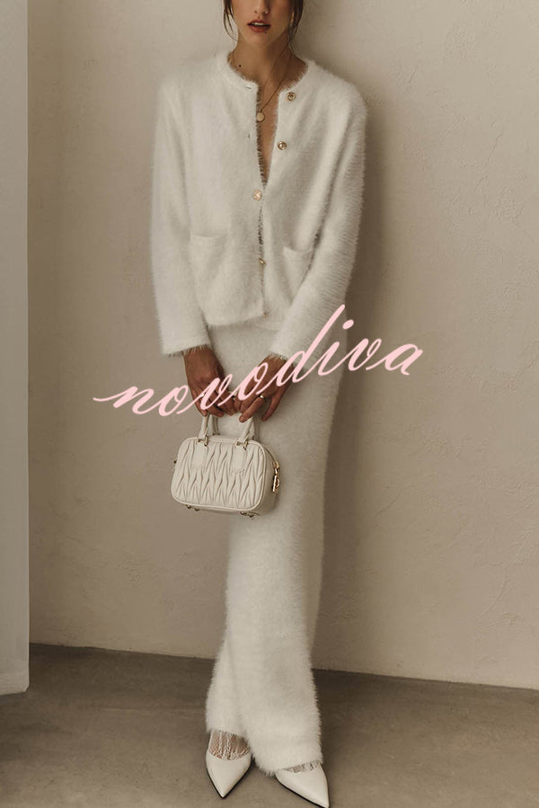 Solid Color Long-sleeved Button-pocket Knitted Jacket and Elegant Long Skirt Set