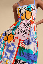 Unique Printed Sling Back Pleated Holiday Midi Dress