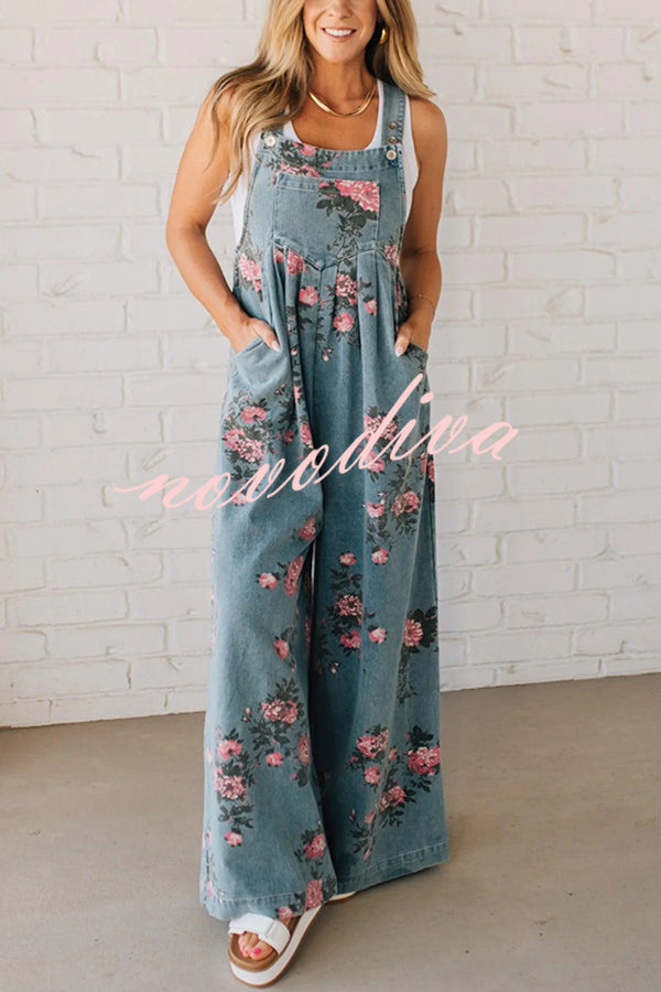 Fashion Floral Print Casual Button Pocket Loose Denim Overalls