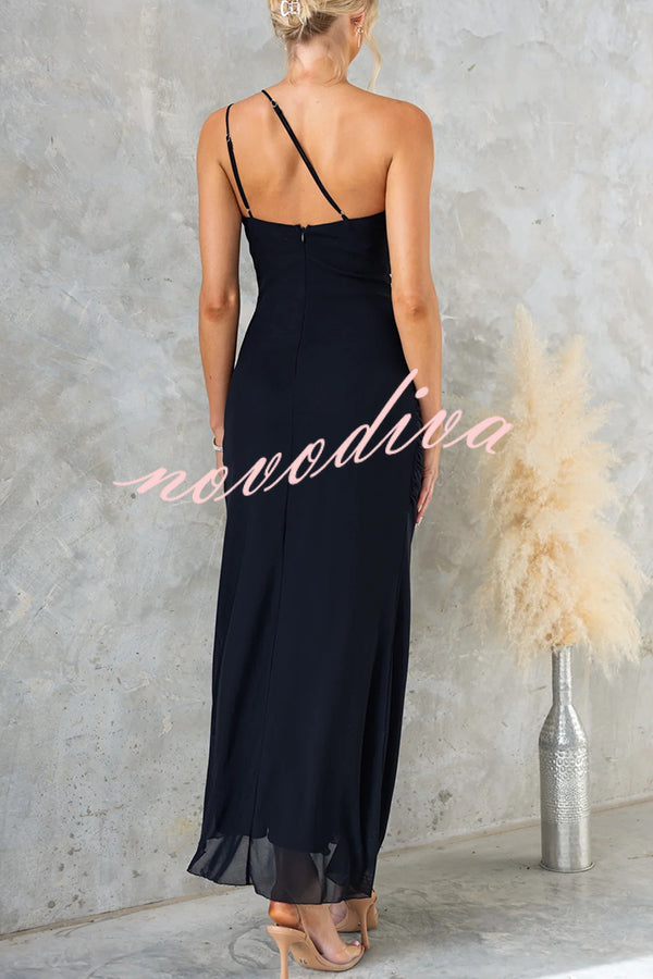 Fashion One-shoulder Pleated Sexy High Slit Slim Dress