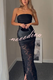 Dulcie Lace and Satin Patchwork Asymmetrical Pleats Bandeau Maxi Dress