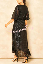 Solid Color Sequined V-neck Waist Tie Loose Maxi Dress