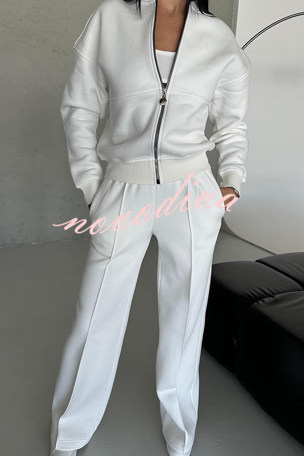 Solid Color Casual Long Sleeve Zipper Jacket and Elastic Waist Pocket Wide Leg Pants Set