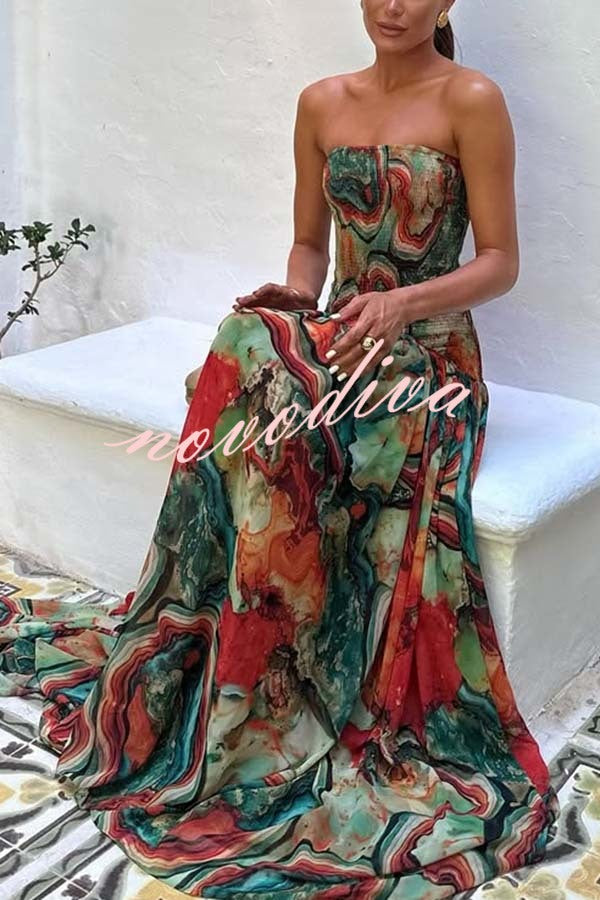 Vacay Vibes Colorful Lava Print Off Shoulder Smocked Scarf Maxi Dress