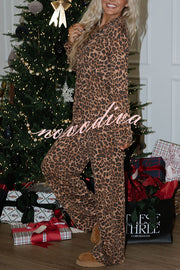 Paige Ribbed Leopard Print Loose Shirt and Elastic Waist Pocketed Pajama Set