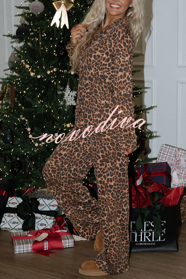 Paige Ribbed Leopard Print Loose Shirt and Elastic Waist Pocketed Pajama Set