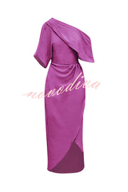 Whispered Yes Satin Irregular Lapel Neckline Design Ruched Maxi Dress