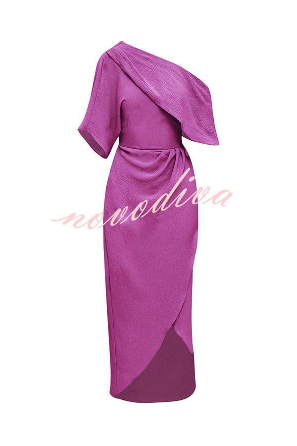 Whispered Yes Satin Irregular Lapel Neckline Design Ruched Maxi Dress