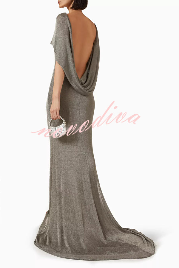 Fit and Elegance Fine Shimmering Fabric Open Cowl Back Draped Neckline Maxi Dress