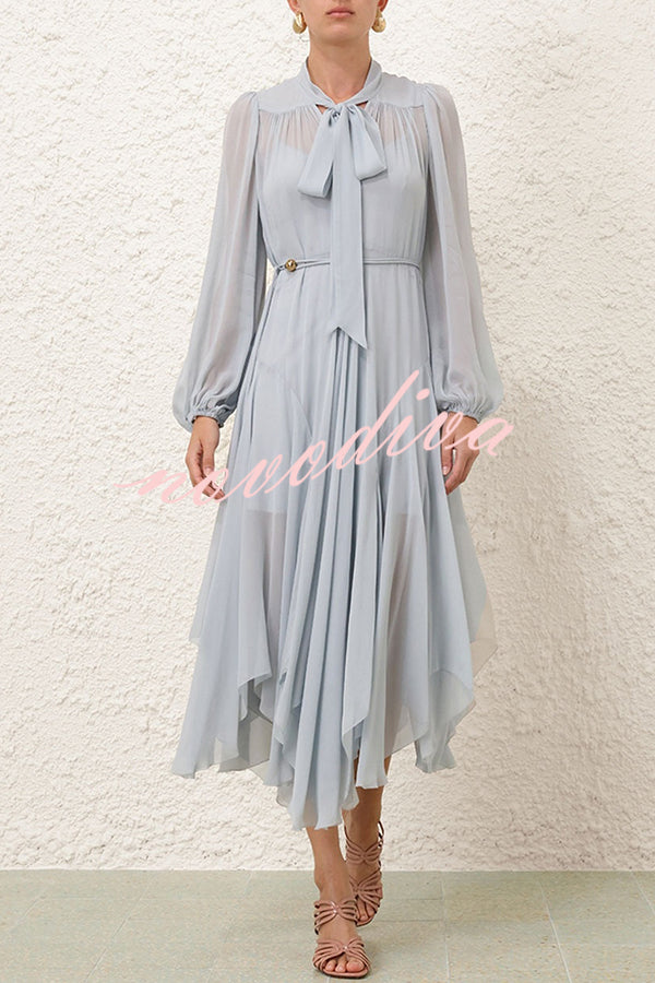 Elegant and Graceful Tie-up Neck Long Balloon Sleeve Handkerchief Midi Dress
