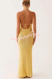 Olivia Crochet Knit Rose Texture Backless Stretch Maxi Dress