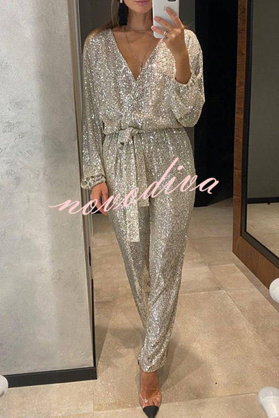 Cheers To You Sequin Long Sleeve Belted Wrap Loose Jumpsuit