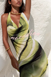 Misha Printed Cowl Neck Halter Tie-up Vacation Maxi Dress