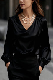 Solid Color Satin V-neck Puff Sleeve Casual Shirt