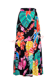 Tropical Flowers and Birds Print Loose Holiday Maxi Skirt