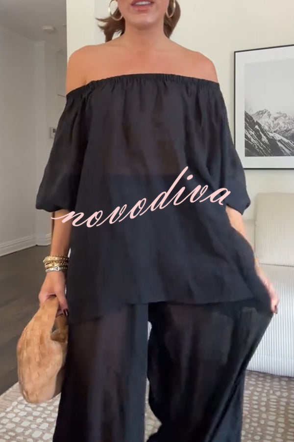 Comfortable Area Chiffon Off Shoulder Balloon Sleeve Top and Elastic Waist Knotted Bloomer Set