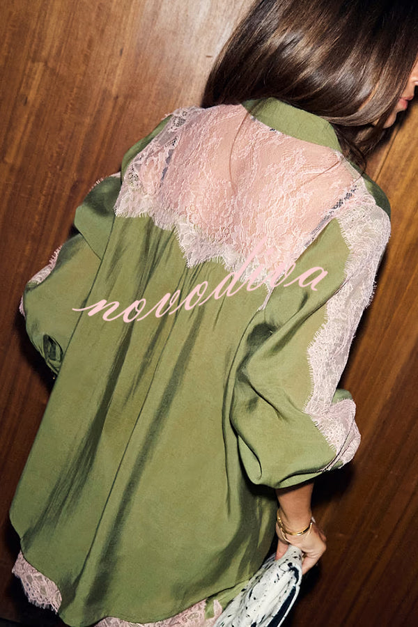 Eye-catching Work Contrast Color Lace Trim Button Up Long Sleeve Loose Blouse