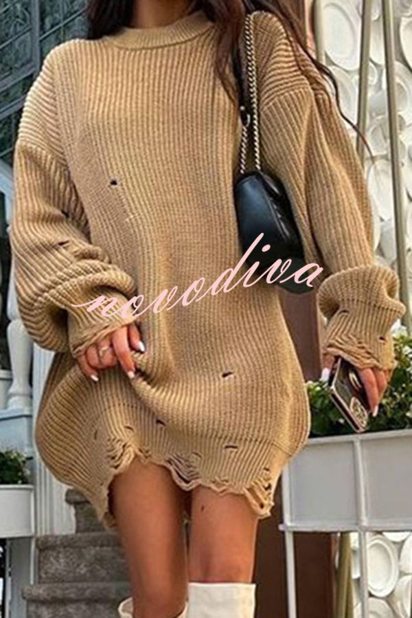 Solid Color Loose Ripped Knitted Mid-length Sweater