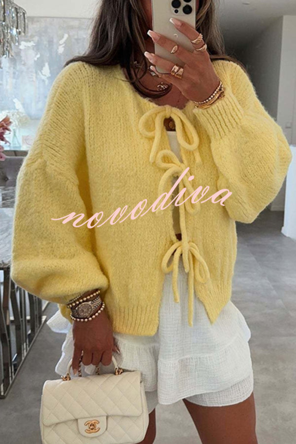 Solid Color Long-sleeved V-neck Lace-up Loose Knitted Sweater