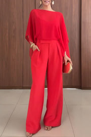 Vanie Chiffon Cape Batwing Sleeve Top and High Waist Pocket Wide Leg Pants Set