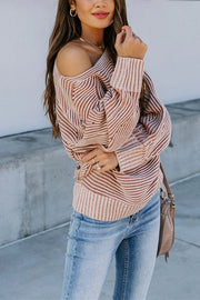 Knitted Striped Round Neck Dolman Sleeve Casual Loose Sweater