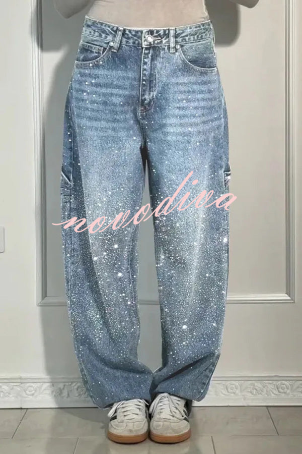 Fashionable Rhinestone Mid-rise Loose Pocket Straight Jeans