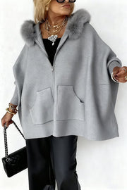 Warm Call Knit Long Sleeve Zipper Plush Hooded Pocket Loose Cardigan