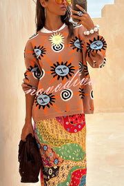 Mediterranean Art Knit Unique Sun Vortex Print Long Sleeve Relaxed Sweater