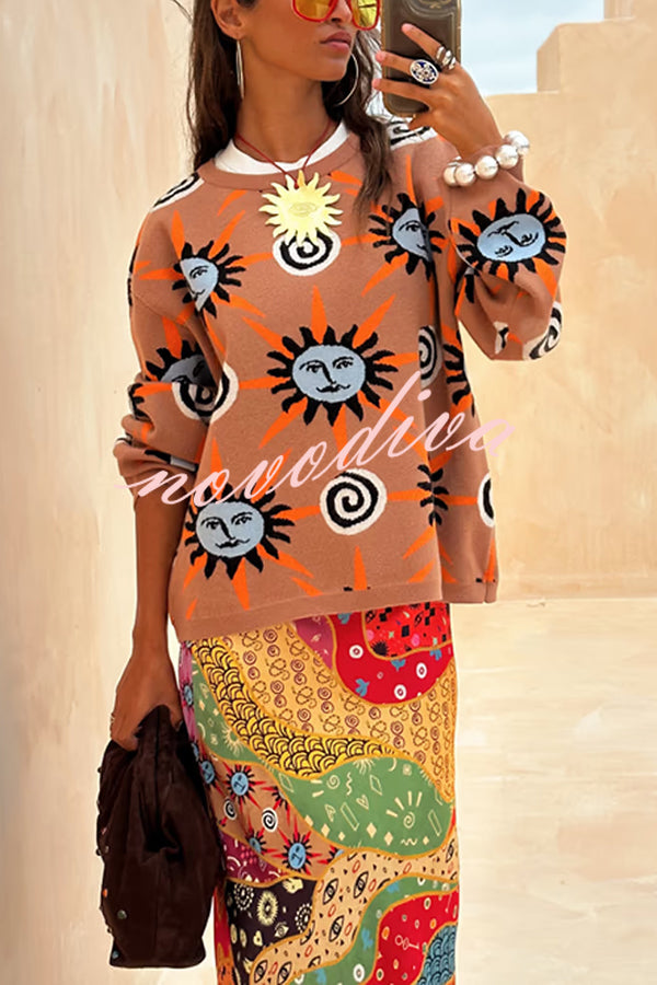 Mediterranean Art Knit Unique Sun Vortex Print Long Sleeve Relaxed Sweater