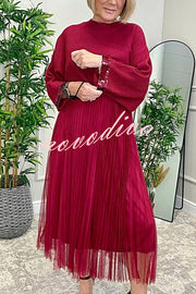 Fenna Ribbed Sequin Trim Batwing Sleeve Sweater and Pleated Tulle Stretch Tank Midi Dress Two-piece Set