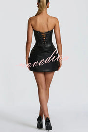 Palmer Faux Leather Pleated Off Shoulder Neck Slit Stretch Mini Dress