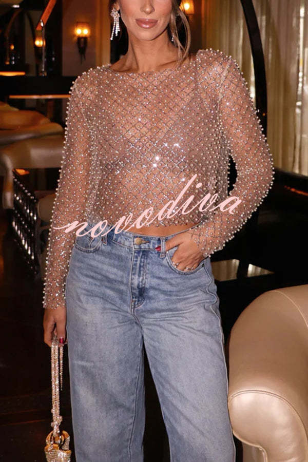 Champagne Kiss Sparkling Pearls Long Sleeve Loose Sheer Top