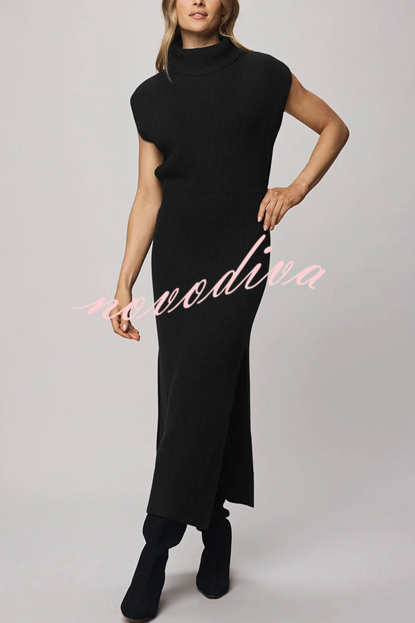 Solid Color Sleeveless Knitted Elegant Waist Midi Dress