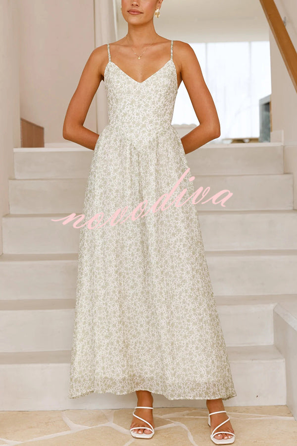 Floral Print V-Neck Sleeveless Back Tie Pocket Maxi Dress