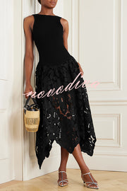 Atlas Asymmetric Ribbed-knit and Guipure Lace Back Zipper Midi Dress