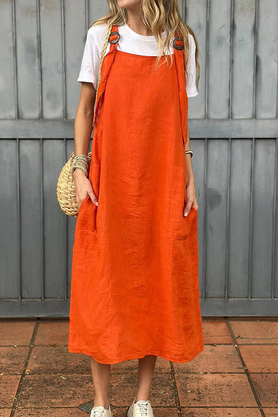 Linen Blend Fashion Adjustable Straps Casual Pocket Midi Dress