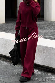 Effortlessly Stylish Ribbed Zipper High Neck Sweatshirt and Elastic Waist Pocketed Loose Pants Set