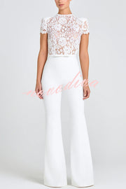 Party Charmer Flower Lace Patchwork Short Sleeve Bow Belted Flare Jumpsuit