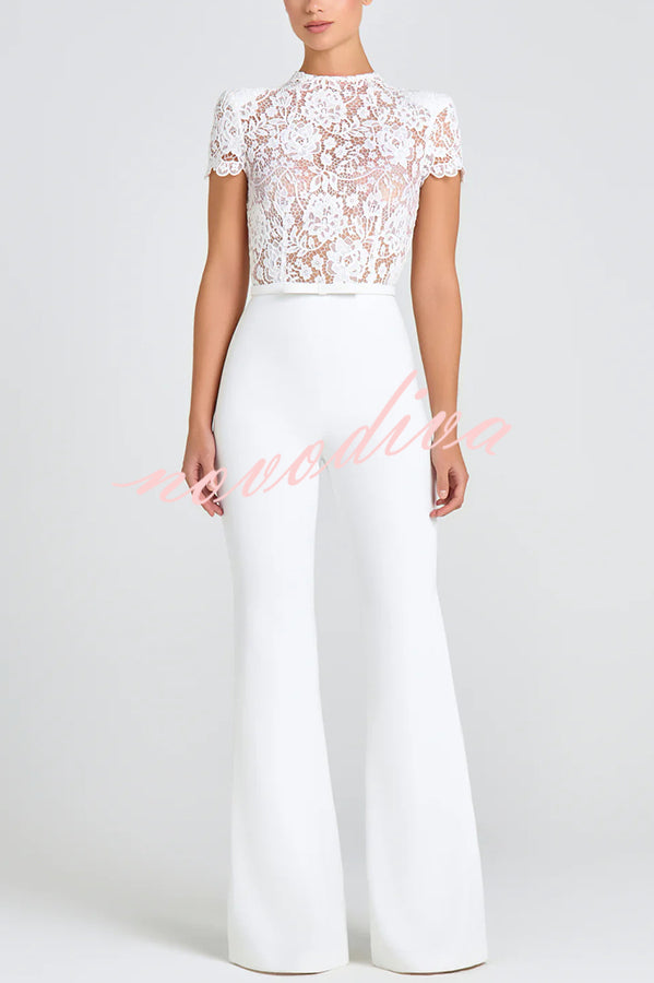 Party Charmer Flower Lace Patchwork Short Sleeve Bow Belted Flare Jumpsuit