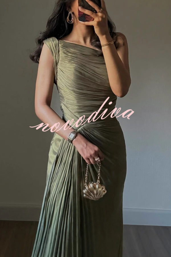 Fashion One-shoulder Pleated Ribbon Slim Slit Maxi Dress