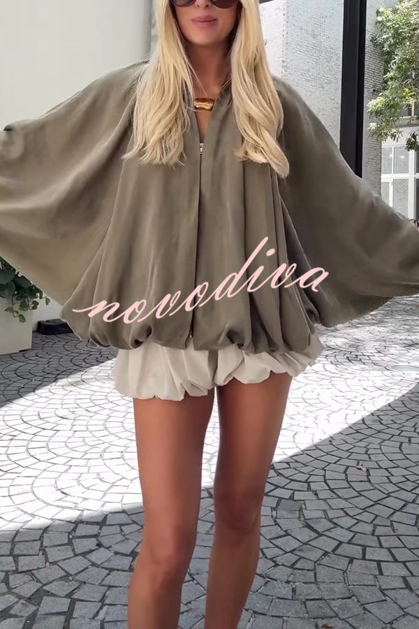 Fashion Lapel Loose Puff Long Sleeve Casual Zipper Jacket