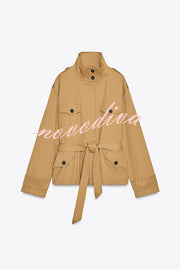 Chic Comfort Epaulettes Contrast Buttons Pocket Belt Cropped Trench Coat