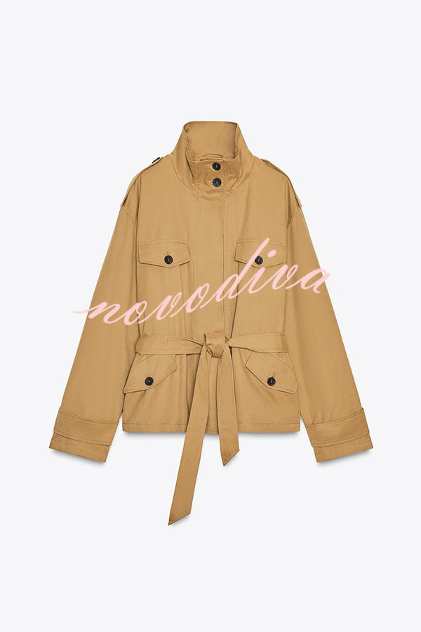 Chic Comfort Epaulettes Contrast Buttons Pocket Belt Cropped Trench Coat