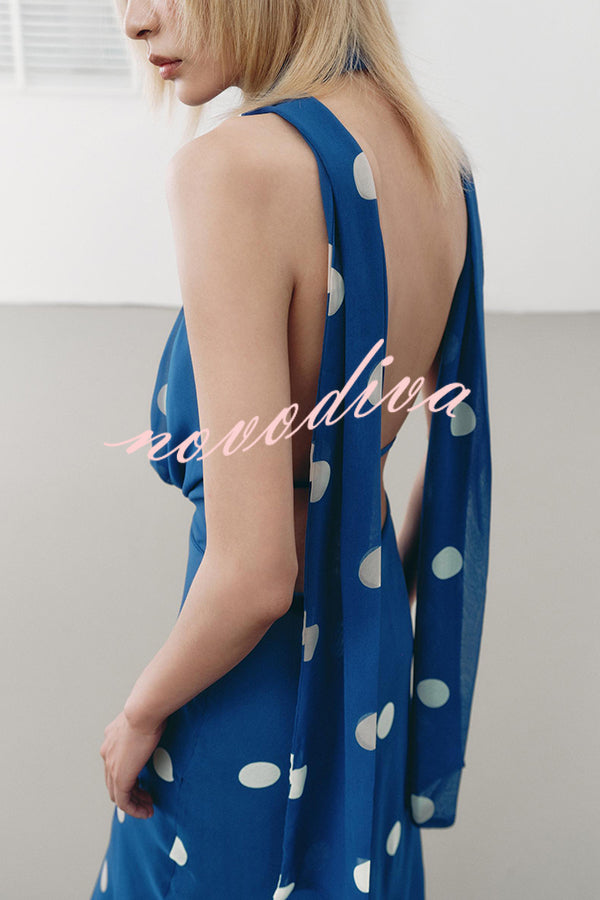 Fashion Polka Dot Print Sexy Halter Neck Backless Maxi Dress