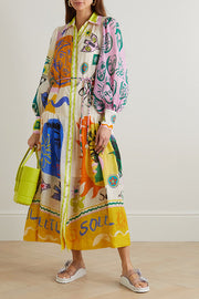 Boldness and Art Unique Print Balloon Sleeve Patchwork Shirt Midi Dress