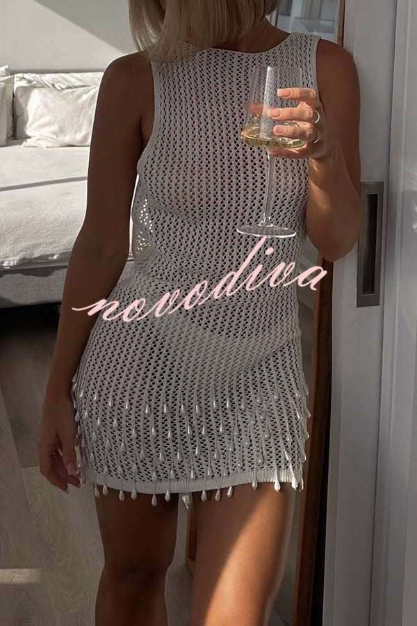 Fashion Knit Hollow Beaded Tassel Embellished Sleeveless Slim Mini Dress
