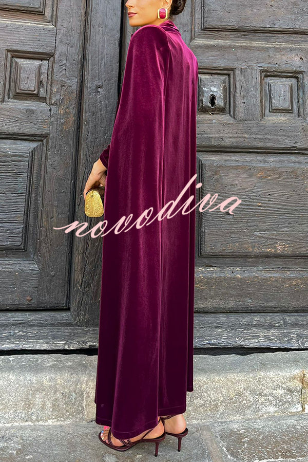 Olivienne Luxurious Velvet Padded Shoulders Slit Sleeve Lapel Midi Cape