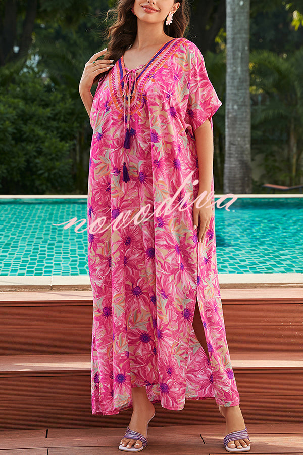 Floral Print V-Neck Lace-Up Loose Holiday Cover-Up Maxi Dress