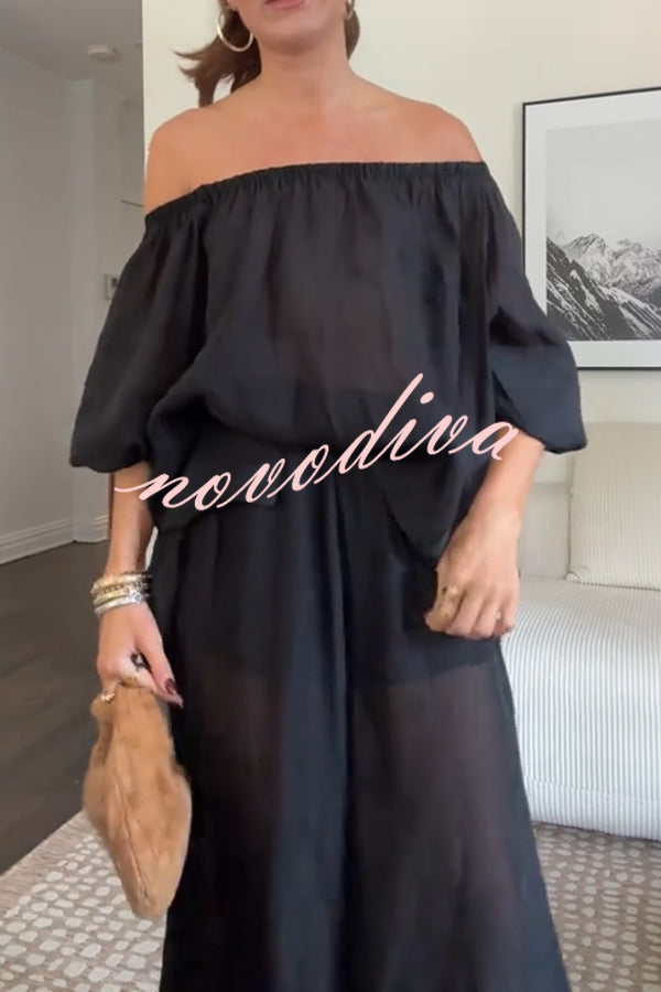Comfortable Area Chiffon Off Shoulder Balloon Sleeve Top and Elastic Waist Knotted Bloomer Set