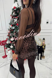 Whisper and Wine Sheer Tulle Sequin Patchwork V-neck Long Sleeve Mini Dress